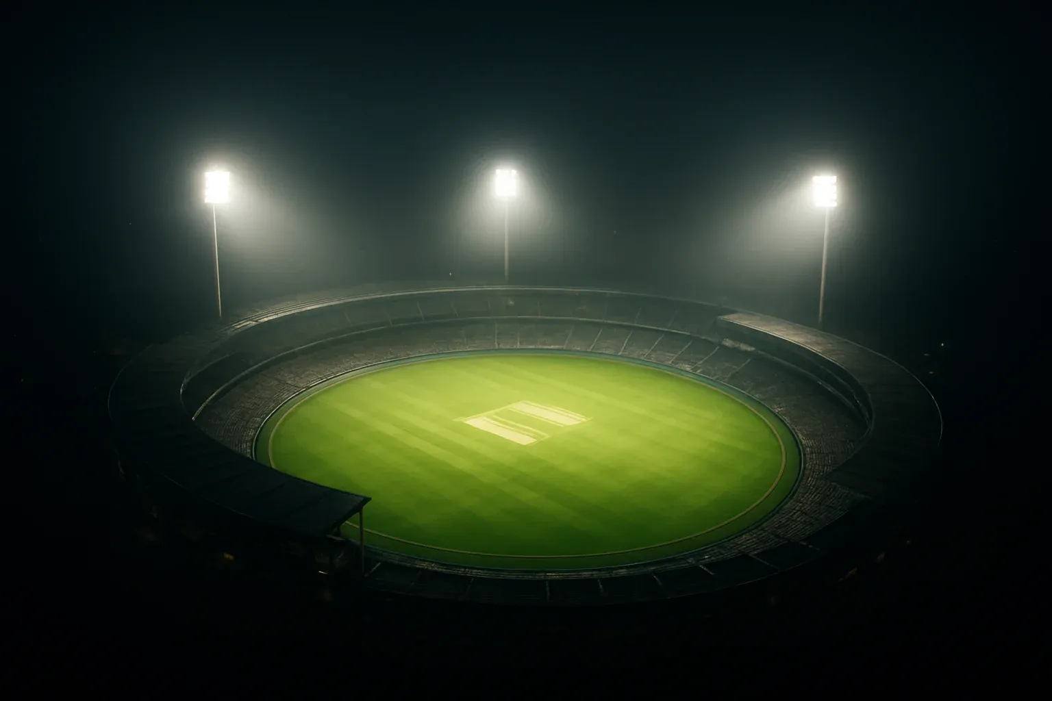 Aerial night view of cricket stadium with floodlights and vibrant green pitch