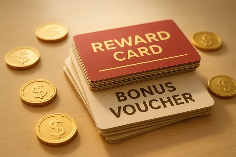 Stack of casino bonus vouchers and reward cards with scattered gold coins