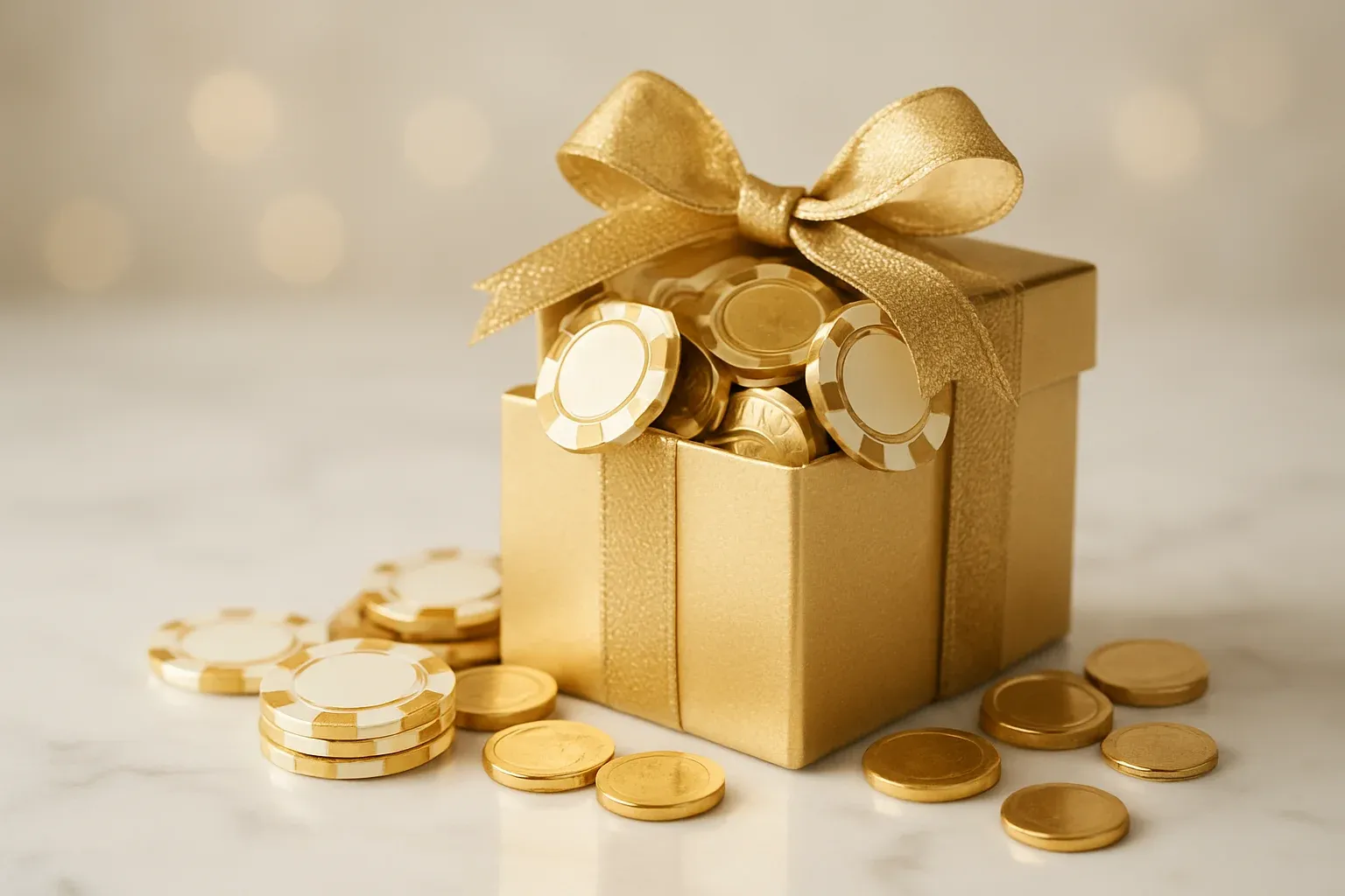 Golden gift box overflowing with poker chips and gold coins