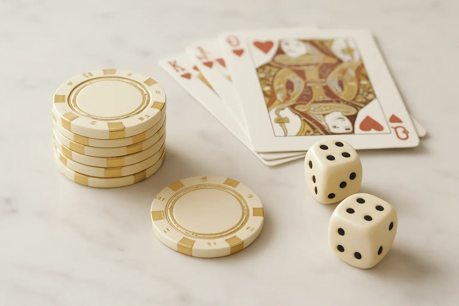 Elegant casino chips, cards, and dice on white marble with gold accents