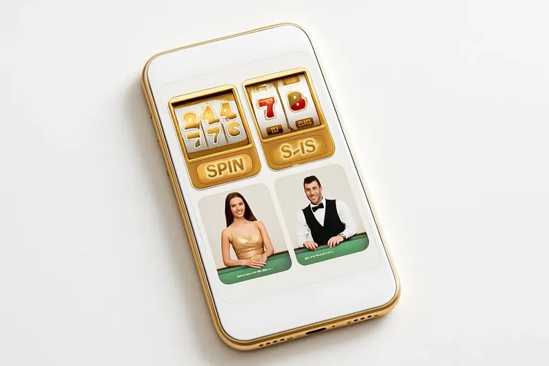 Mobile phone showing casino app with slots and live games
