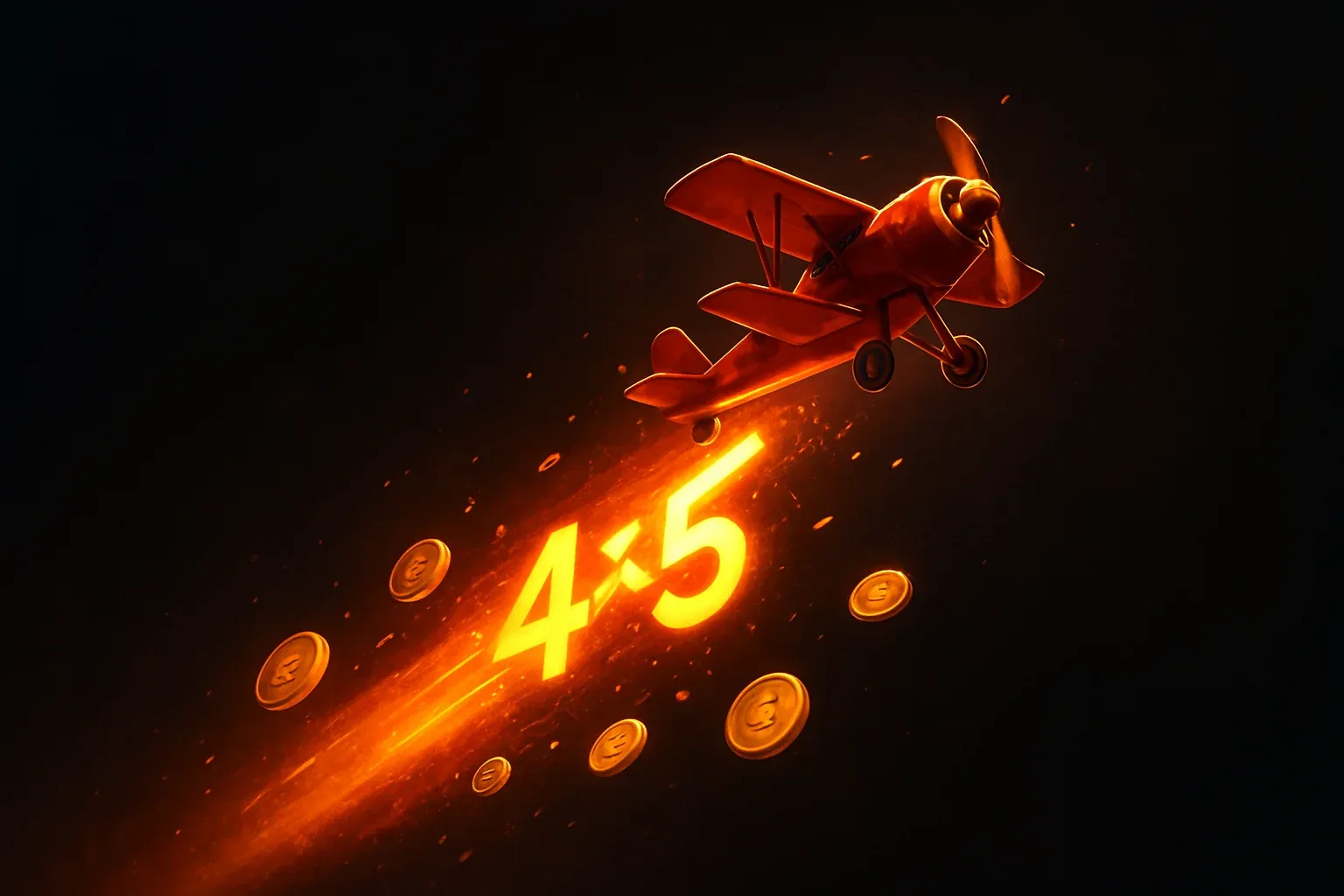 Red airplane climbing with glowing multiplier trail, coins, sparks, neon accents