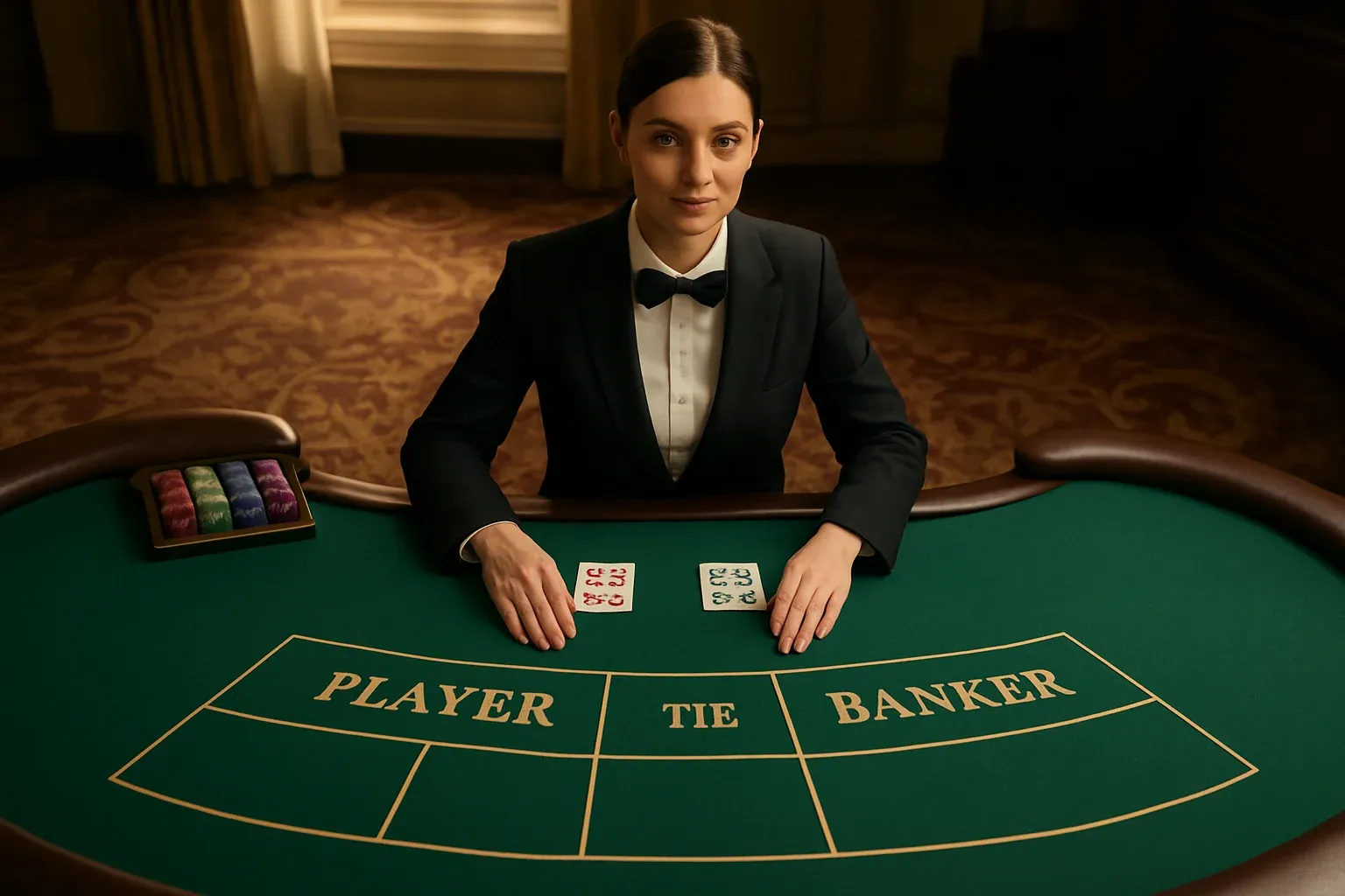 Elegant live dealer baccarat table with professional female dealer and green felt