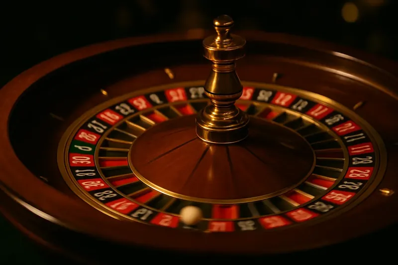 Close-up live roulette wheel spinning under dramatic casino lighting