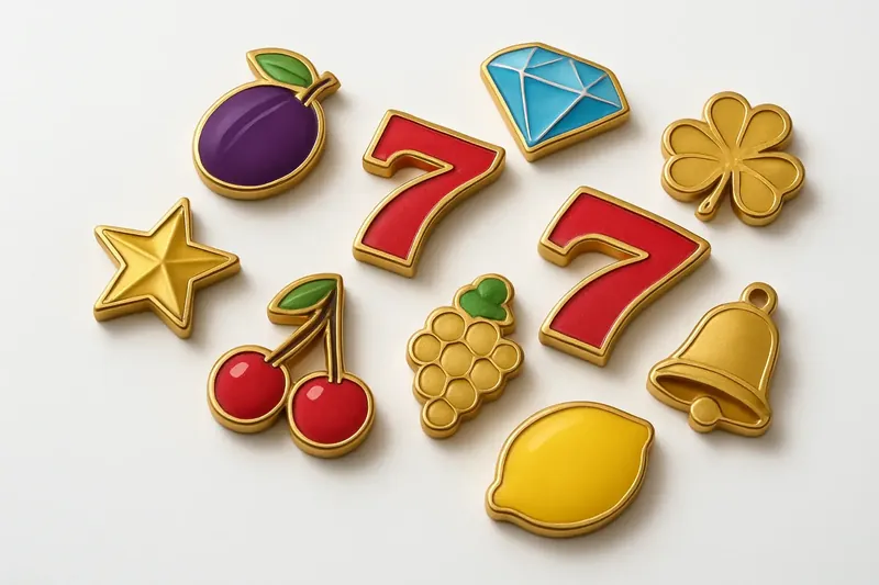 Assorted slot game icons with fruit, diamonds, lucky 7s, and stars
