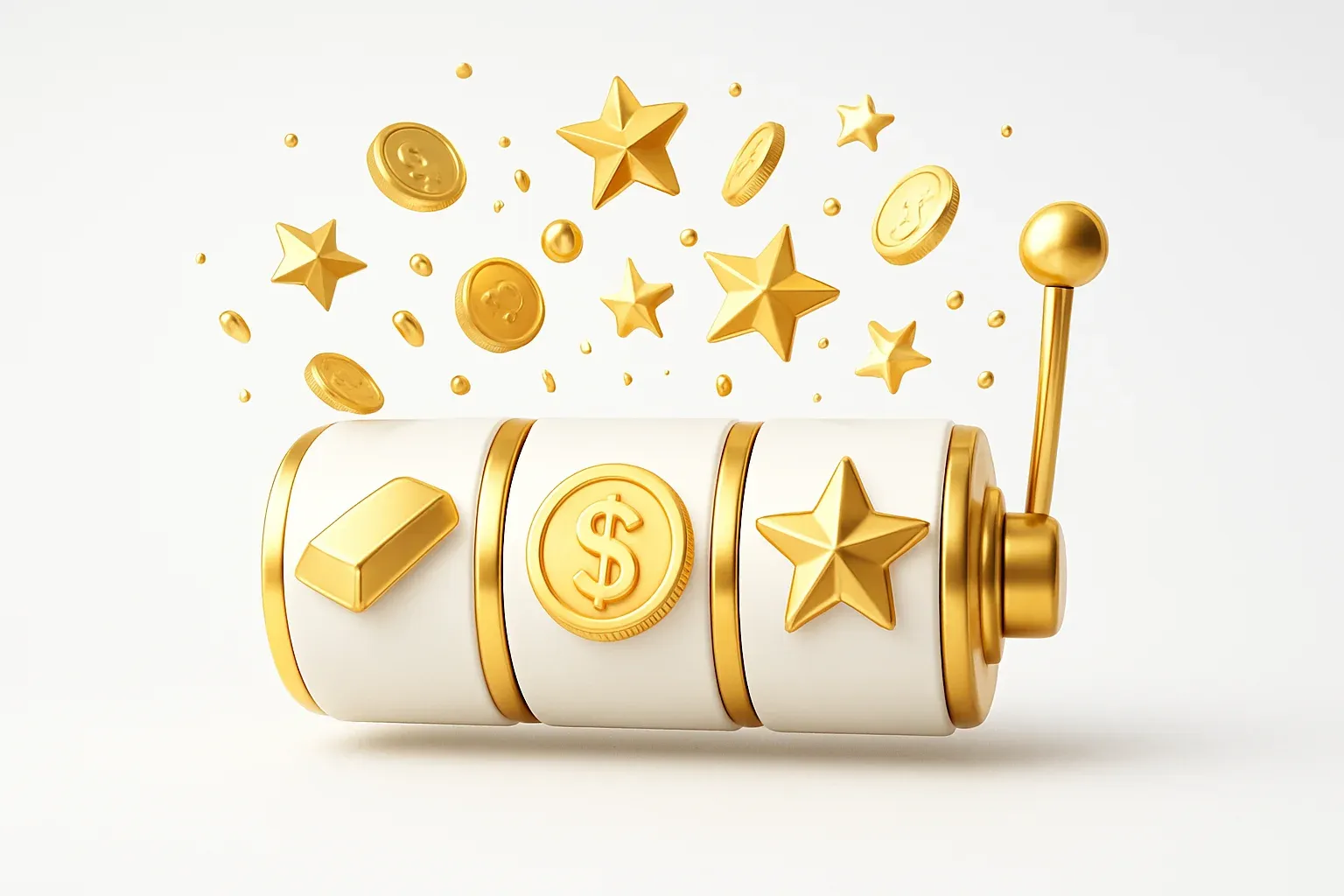 Colorful casino slot reels with gold symbols, coins, and stars bursting